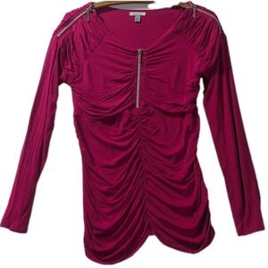Linea Domani Y2K Career Core Ruched Zip Front Long Sleeve Top Small Magenta